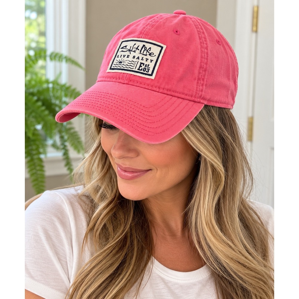 Salt Life Live Salty Pink Baseball Cap Hat Adjustable Seersucker Brim OSFM